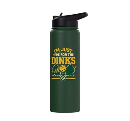 Funny Pickleball Pun Paddle I'm Just Here For The Dinks Stainless Steel Insulated Water Bottle - color: Dark Green
