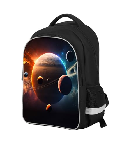 Solar System Planets Stars Space Kids Backpack, Galaxy School Bookbag for Boys and Girls, Polyester, 17 Inches Back Pack, Giftable, Bottle Holders, Tablet Compartment - color: B1-bookbag-outer Space