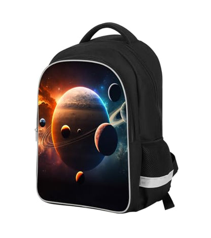 Solar System Planets Stars Space Kids Backpack, Galaxy School Bookbag for Boys and Girls, Polyester, 17 Inches Back Pack, Giftable, Bottle Holders, Tablet Compartment - color: B1-bookbag-outer Space