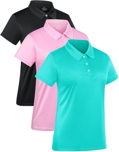3-Pack Women's Short-Sleeve Sport Polo Shirts Quick Dry Moisture-Wicking Activewear Polos Tops for Work - color: Black/Cyan/Pink, size: Medium