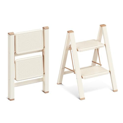 2 Step Ladder, 2 Step Stool for Adults, Folding Step Ladder with Secure Footing, Widened Pedal, Aesthetically Pleasing Looking, Blends Right into Domestic Rooms, Cream Chocolate - size: 2 Step