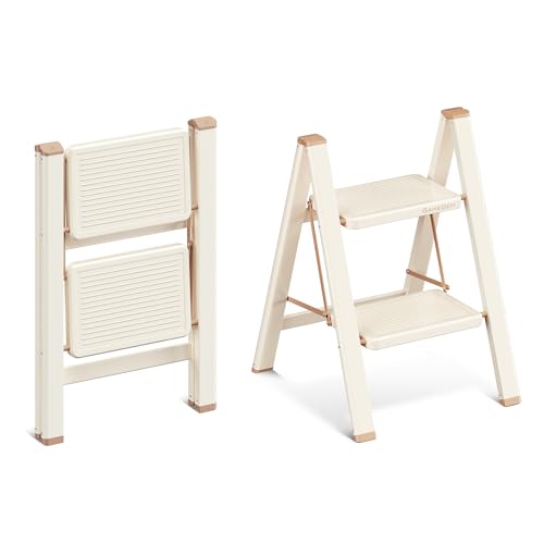 2 Step Ladder, 2 Step Stool for Adults, Folding Step Ladder with Secure Footing, Widened Pedal, Aesthetically Pleasing Looking, Blends Right into Domestic Rooms, Cream Chocolate - size: 2 Step