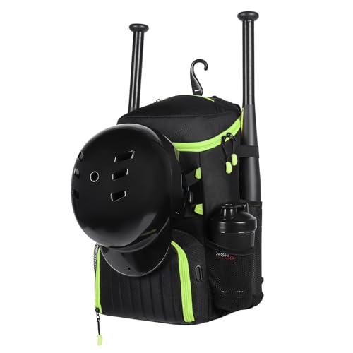 Lightweight Baseball Bat Backpack with Shoe Compartment, Softball Gift for Women with Fence Hook & Batting Glove, Helmet | Multiple Colors - color: black green
