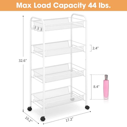 TOOLF 4-Tier Rolling Cart, Metal Utility Cart with 3 Hooks, Easy Assemble Mobile Storage Trolley On Wheels, Metal Shelving Units Kitchen Bathroom Laundry Room - color: White, size: 4-Tier