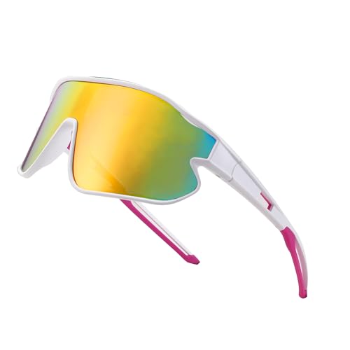 Kids Baseball Sunglasses - Youth Baseball Sunglasses for Boys Girls - Sports Softball Shades Age 6-14 - color: B5 White / Gold Mirror