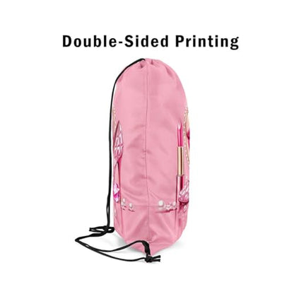 Castle Fairy Pink High Heel Drawstring Backpack,Rose Lipstick Waterproof Sports Gym Bag,Glitter Diamond and Pearl Large Capacity for Travelling,Swimming,Beach,Pink - color: Pink