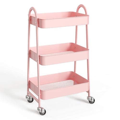 NEWBULIG 3-Tier Metal Rolling Storage Cart, Heavy Duty Mobile Utility Organizer Shelf with Lockable Wheels, Multifunctional Trolley for Daily Supplies, Home Indoor Daily Use, Pink - color: Pink, size: 3 Shelves