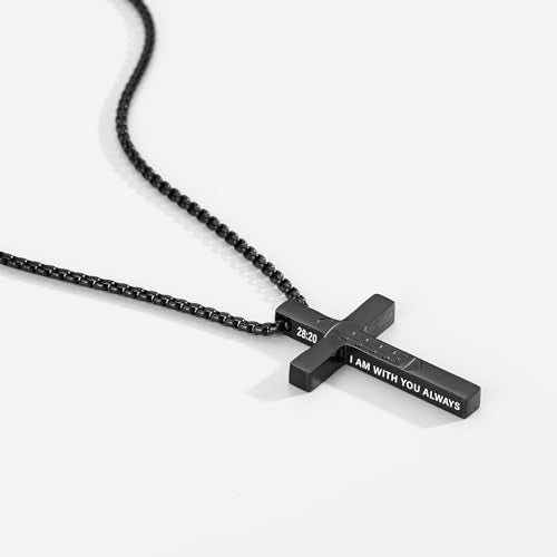 Football Cross Necklace for Boys Men, Stainless Steel Bible Verse Cross Pendant Chain Sports Gear Stuff Christian Religious Jewelry Gifts for Teen Boys Kids - color: Black, style: MATTHEW 28:20