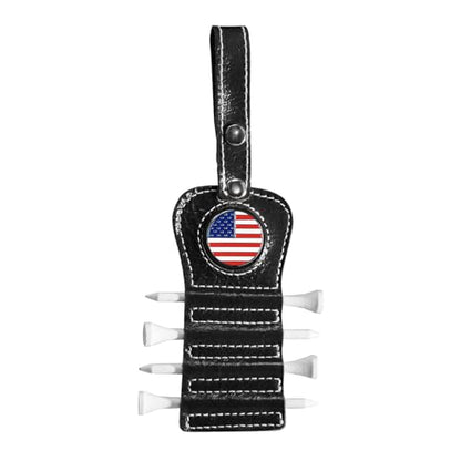 VEASAERS Golf Tee Holder with USA Ball Marker 4 Pcs White Wood Tees, Portable Hold Different Tee Leather Gift Hook Hanging Clip to Golf Bag Belt - color: Black