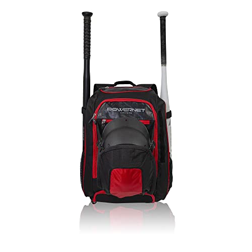 PowerNet Baseball Softball Backpack, Choose from 3 Colors Red Black Blue, Padded Helmet Carrier, Dual Bat Sleeves, Vented Cleat Compartment, Fence Hook, Hook and Loop Batting Glove Area - color: Red