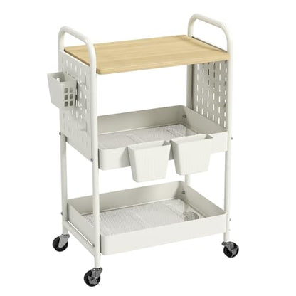 danpinera 3 Tier Rolling Cart with Wooden Table Top, White Rolling Utility Cart with DIY Pegboards & Locked Wheels, Easy Assembly for Nursery, Living Room, Studio - color: White, size: without drawer