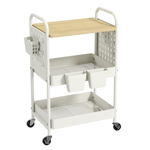 danpinera 3 Tier Rolling Cart with Wooden Table Top, White Rolling Utility Cart with DIY Pegboards & Locked Wheels, Easy Assembly for Nursery, Living Room, Studio - color: White, size: without drawer
