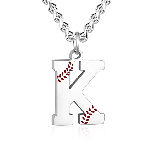 AIAINAGI Baseball Initial A-Z Letter Necklace - Men's Baseball Charm Pendant in Stainless Steel Silver Chain, 22inch Personalized Gift - style: K Letter