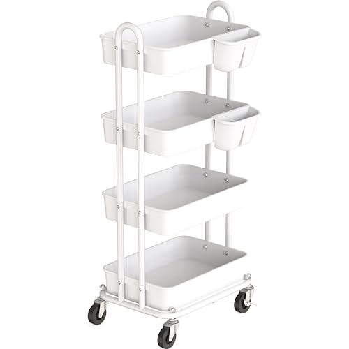 Simple Houseware 4-Tier Multifunctional Rolling Utility Cart with Hanging Buckets, White - color: White, size: 4-Tier