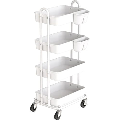 Simple Houseware 4-Tier Multifunctional Rolling Utility Cart with Hanging Buckets, White - color: White, size: 4-Tier