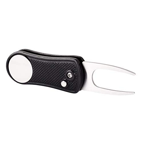 Mile High Life Golf Divot Repair Tool, All Metal Foldable Divot Tool with Pop-up Button & Magnetic Ball Marker - color: Black Undulate