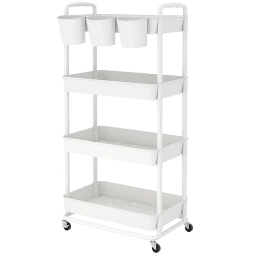 JIUYOTREE 4-Tier Plastic Rolling Storage Cart Utility Cart with Extra Hanging Cups Handles Lockable Wheels for Living Room Bathroom Kitchen Office White - color: White, size: 4-Tier