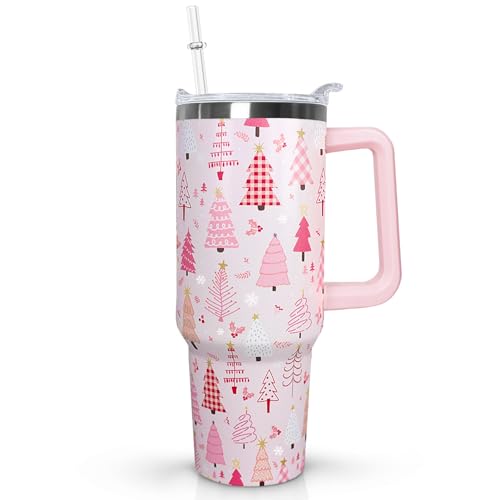 Ceovfoi 40 Oz Pink Christmas Tree Tumbler With Handle,Christmas Tree Coffee Travel Mug Cup,Christmas Decor,Christmas Gifts for Women - color: Christmas Tree