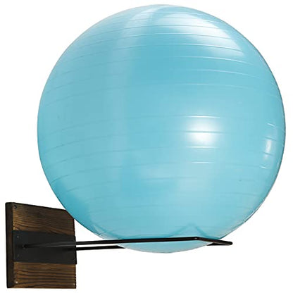 MyGift Wall Mounted Single Large Stability Ball Holder, Solid Wood and Black Metal Storage Rack for Gym Sport or Yoga Studio Exercise Balls - 16 x 9 Inch Ball Display Ring