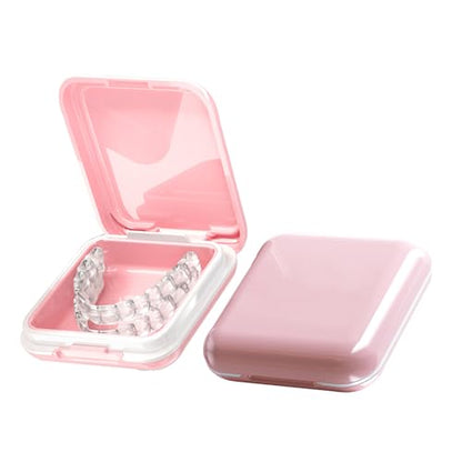 Retainer Case,Cute Mouthguard Case with Mirror,Slim Night Mouth Guard Case with Lid Hinge,Aligner Case,Inner Size 2.56, 2.36, 0.79inch - color: Pink