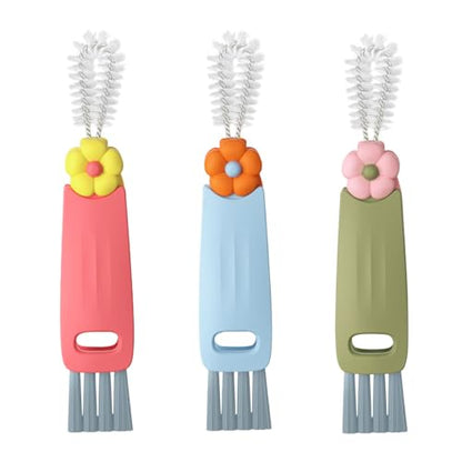 3 in 1 Cup Lid Cleaning Brush Set for Bottle Gap Tight Spaces Cup - Multifunctional Cleaning Brush Portable Crevice Cleaning Tools - Cup Mouth Scrubber Cup Lid Cleaner with Flower Design (3PCS)