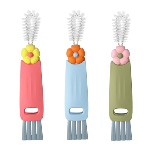3 in 1 Cup Lid Cleaning Brush Set for Bottle Gap Tight Spaces Cup - Multifunctional Cleaning Brush Portable Crevice Cleaning Tools - Cup Mouth Scrubber Cup Lid Cleaner with Flower Design (3PCS)