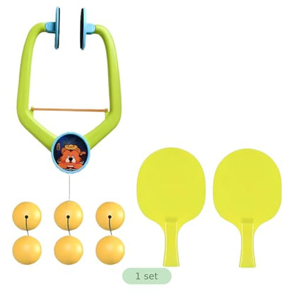 Fun Cartoon Hanging Table Tennis Trainer Kit, Doorway Table Tennis Set, 2 Paddles, 6 Balls, Adjustable Height, Coordination Training for Indoor Activity