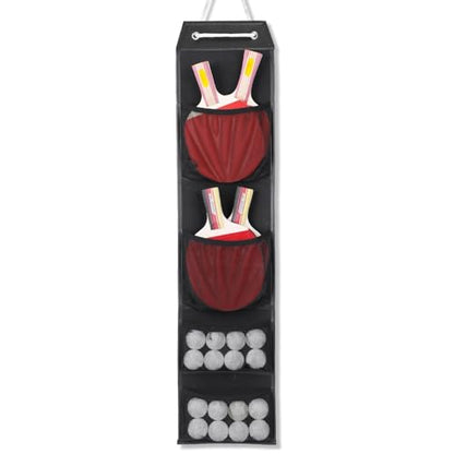 VISEMAN Ping Pong Storage Rack, Table Tennis Racket Holder Wall Mount Organizer for 4 Paddles and Balls - color: Long Black