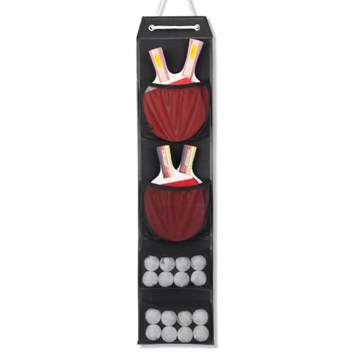 VISEMAN Ping Pong Storage Rack, Table Tennis Racket Holder Wall Mount Organizer for 4 Paddles and Balls - color: Long Black