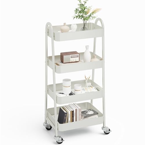 NEWBULIG 4-Tier Metal Rolling Storage Cart, Heavy Duty Mobile Utility Organizer Shelf with Lockable Wheels, Multifunctional Trolley for Daily Supplies, Home Indoor Daily Use, White - color: White, size: 4 Shelves
