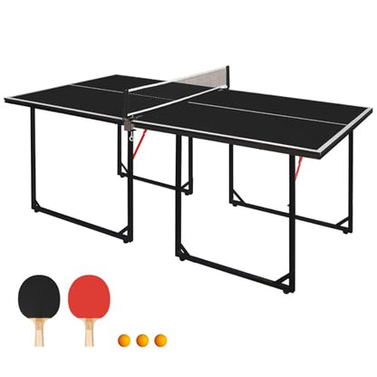 6FT Ping Pong Table Foldable Midsize Table Tennis Table for with Net, Table Tennis Paddles and Balls, MDF Multi-Use Family Game Table Assembly Free for Kid Teenager Adult, Compact & Portable