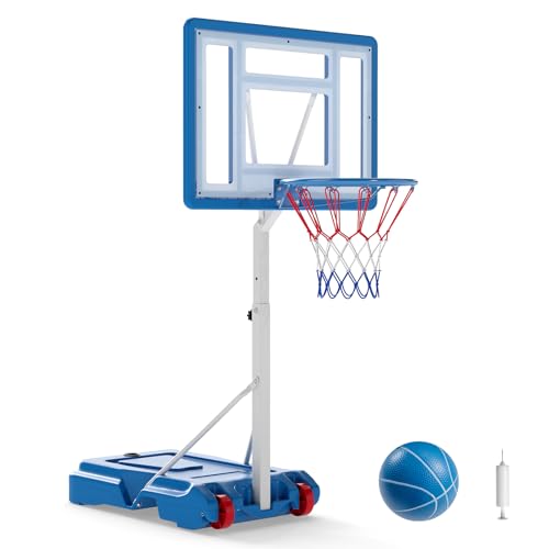 GYMAX Pool Basketball Hoop, Stainless Steel Adjustable 32" Portable Basketball Hoop for Pool with Fillable Base, Shatterproof Backboard, Basketball & Pump Included