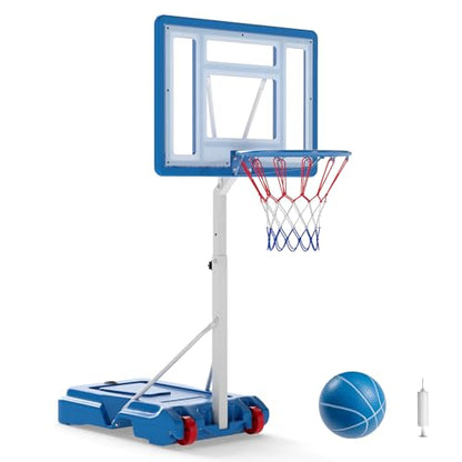 GYMAX Pool Basketball Hoop, Stainless Steel Adjustable 32" Portable Basketball Hoop for Pool with Fillable Base, Shatterproof Backboard, Basketball & Pump Included