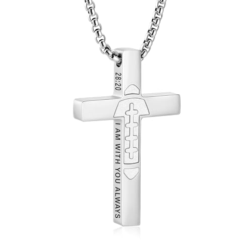 Football Cross Necklace for Boys Men, Stainless Steel Bible Verse Cross Pendant Chain Sports Gear Stuff Christian Religious Jewelry Gifts for Teen Boys Kids - color: Silver, style: MATTHEW 28:20