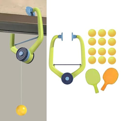 Hanging Table Tennis Trainer with Racket Balls for Door Frame Parent-Child Interaction Toy for Indoor Activity, Green Orange Rackets