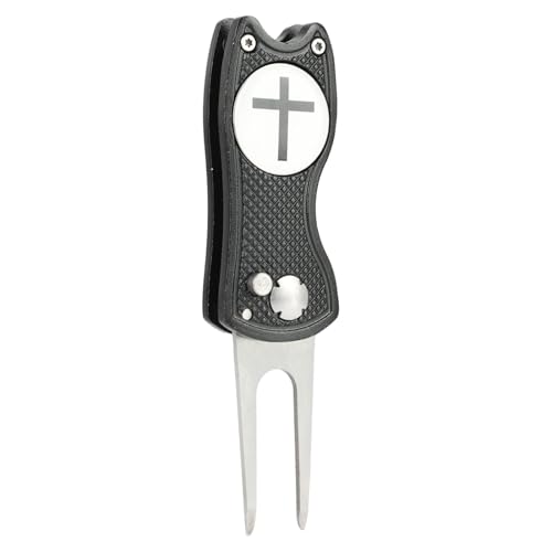 Golf Divot Repair Tool with Magnetic Ball Marker - Stainless Steel Foldable Divot Tool & Golf Divot Tool Featuring Cross Design for Faith-Based Golfers | Perfect for Greens Repair - color: Black