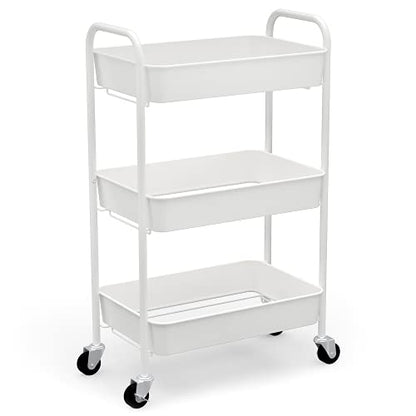 CAXXA 3-Tier Rolling Metal Storage Organizer - Mobile Utility Cart Kitchen Cart with Caster Wheels, White - color: White