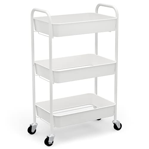 CAXXA 3-Tier Rolling Metal Storage Organizer - Mobile Utility Cart Kitchen Cart with Caster Wheels, White - color: White