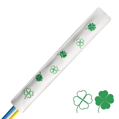 FINGER TEN Golf Alignment Stick Cover Headcover Rods Holder Case Leather 14''× 2'' in USA Black White Green Hold At Least 2 Sticks - color: White-Lucky Clover