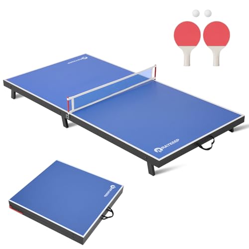 RAYKEEP Mini Foldable Table Tennis Table, 48" Portable Ping Pong Game Table for Indoor & Outdoor, Table Tennis Table Set w/Net, 2 Paddles, 2 Balls, No Assembly - color: Blue