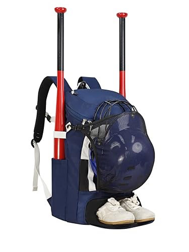 TPAID Baseball Backpack Large Capacity Softball Bag with Shoes Compartment and Fence Hook, Lightweight Baseball Equipment Bag Holds Bats, Helmets, Gloves, Hats, Clothes, Shoes - color: Blue-B, size: 2 Bat Baseball