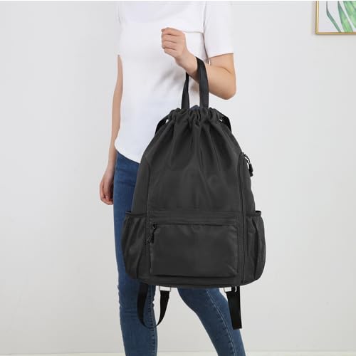 Valleycomfy Waterproof Drawstring Gym Backpack Bag for Men & Women,Sports Gym Bag with Side Pocket Black - color: A-black