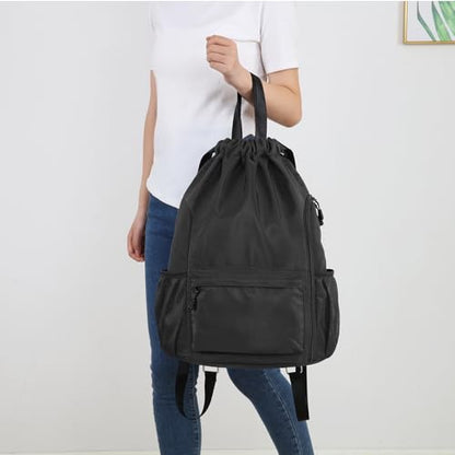 Valleycomfy Waterproof Drawstring Gym Backpack Bag for Men & Women,Sports Gym Bag with Side Pocket Black - color: A-black