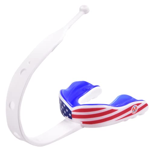 Oral Mart Strapped Mouth Guard for Football, Lacrosse, Ice Hockey, Taekwondo (USA Flag, Fangs, 15+ Colors to Choose from) - Sports Mouthguard with Fixed Strap (Strapped, Youth or Adult) - color: American Flag, size: Adult (Age 13 & Up)