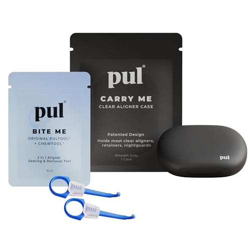 PUL Aligner Care Convenience Kit – Case + 2-in-1 Tool for Invisalign, Retainers, Partial Dentures, Mouth & Night Guards & More – Gray Case & 2-Pack of Blue Aligner Seating Chewie & Removal Tool - color: Gray Combo