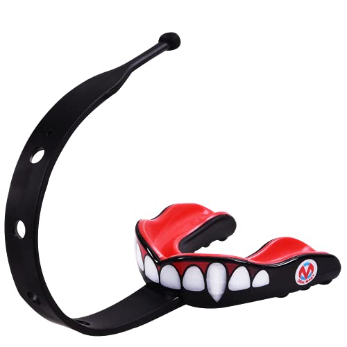 Oral Mart Strapped Mouth Guard for Football, Lacrosse, Ice Hockey, Taekwondo (USA Flag, Fangs, 15+ Colors to Choose from) - Sports Mouthguard with Fixed Strap (Strapped, Youth or Adult) - color: Vampire Fangs, size: Adult (Age 13 & Up)