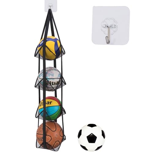 Black Hanging Sports Ball Organizer Bag | Mesh Wall Mount Storage for Basketball, Football, Soccer, Volleyball | Garage & Home Equipment Storage Solution