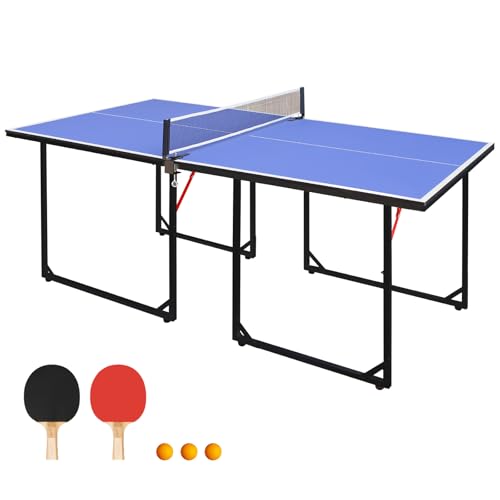 6FT Ping Pong Table Foldable Midsize Table Tennis Table for with Net, Table Tennis Paddles and Balls, MDF Multi-Use Family Game Table Assembly Free for Kid Teenager Adult, Compact & Portable - color: Blue Table/72''x36''
