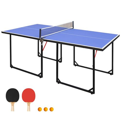 6FT Ping Pong Table Foldable Midsize Table Tennis Table for with Net, Table Tennis Paddles and Balls, MDF Multi-Use Family Game Table Assembly Free for Kid Teenager Adult, Compact & Portable