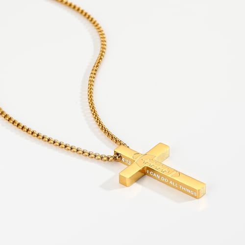 Football Cross Necklace for Boys Men, Stainless Steel Bible Verse Cross Pendant Chain Sports Gear Stuff Christian Religious Jewelry Gifts for Teen Boys Kids - color: Gold, style: PHILIPPIANS 4:13
